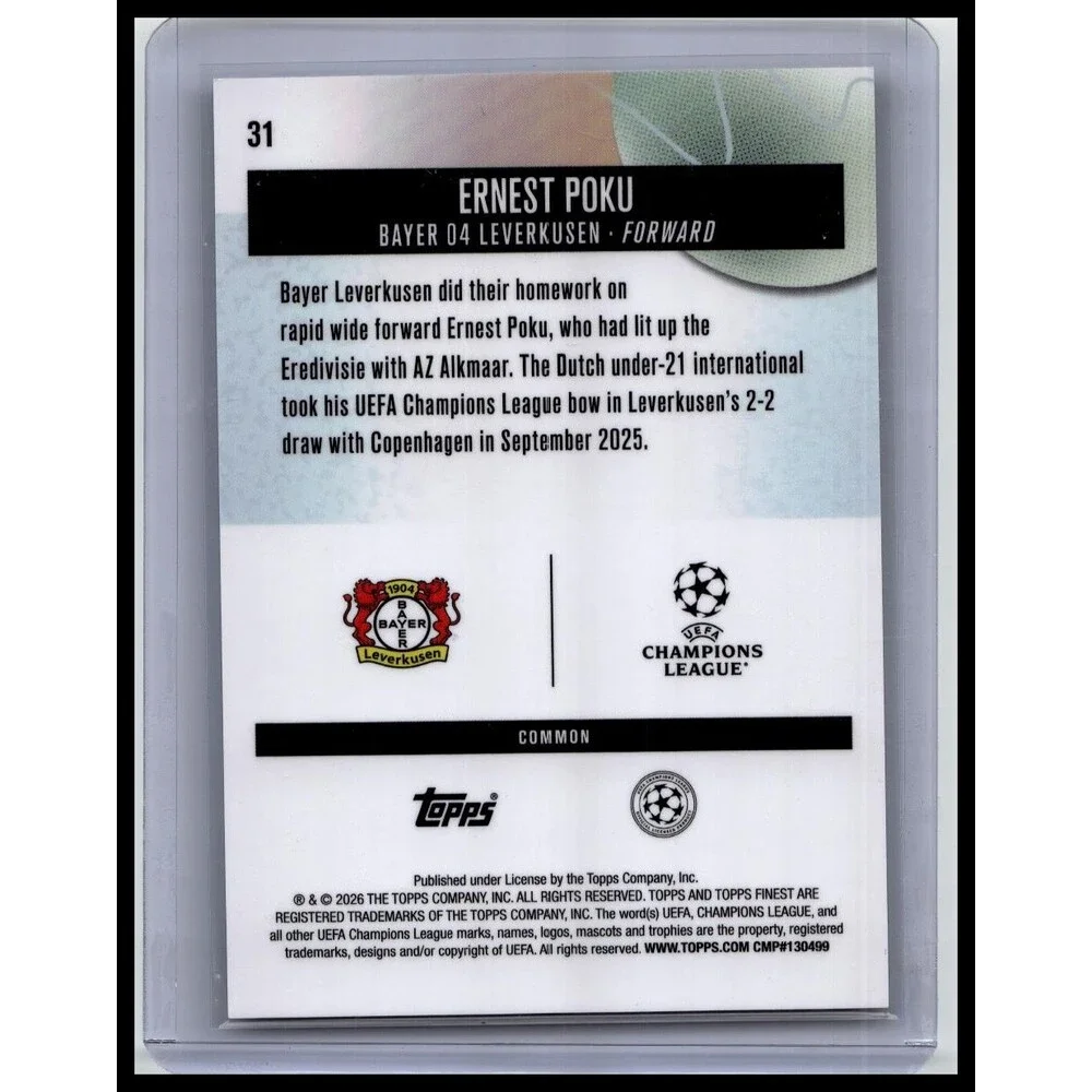 2025-26 Finest UEFA Ernest Poku #31 Bayer 04 Leverkusen Gold Refractor #/50